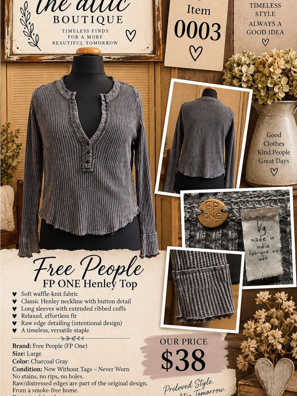 Free People Charcoal Gray Waffle-Knit Henley Long Sleeve Top